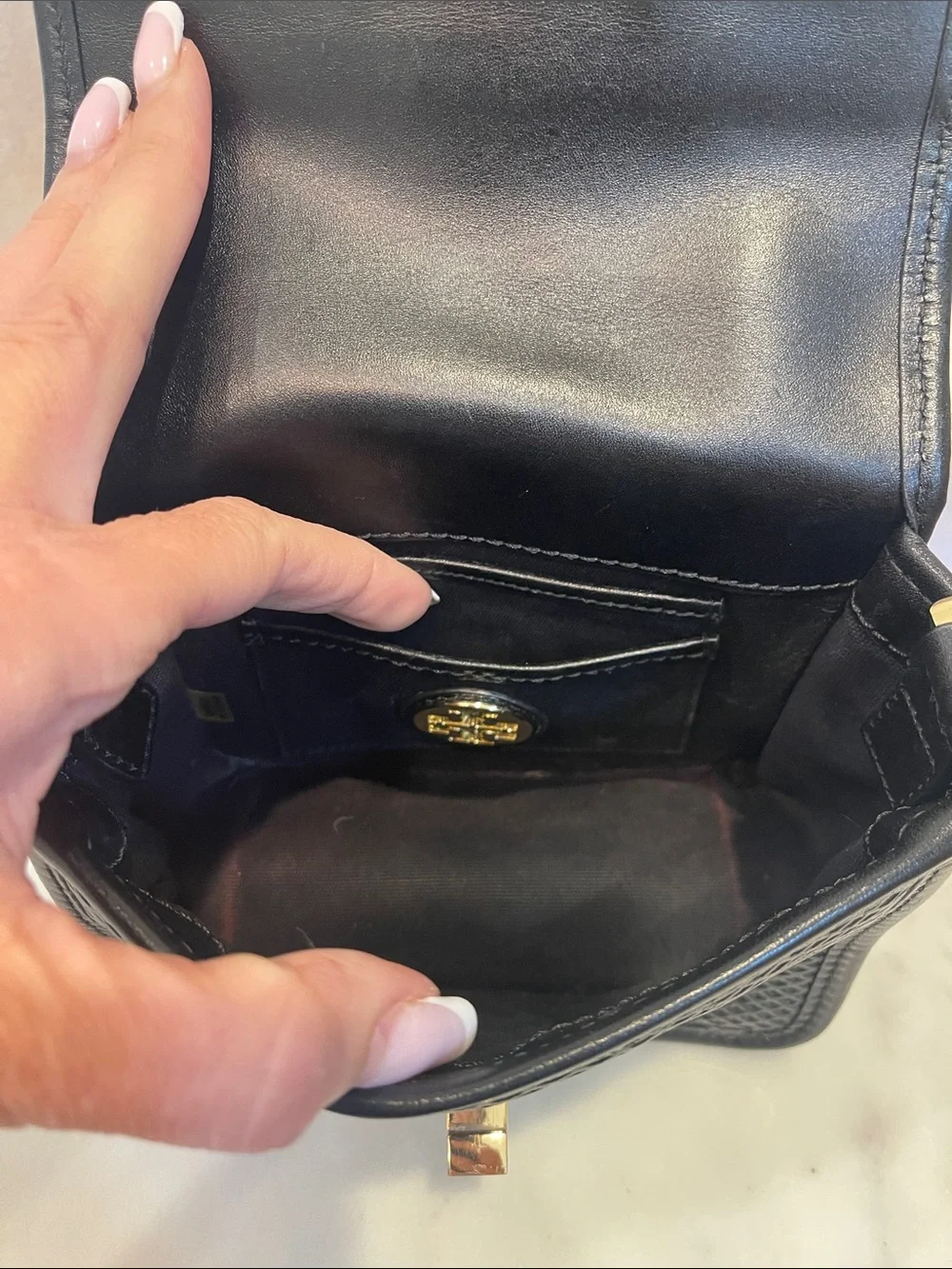 Tory Burch Black Perforated Leather Crossbody with Gold Logo
